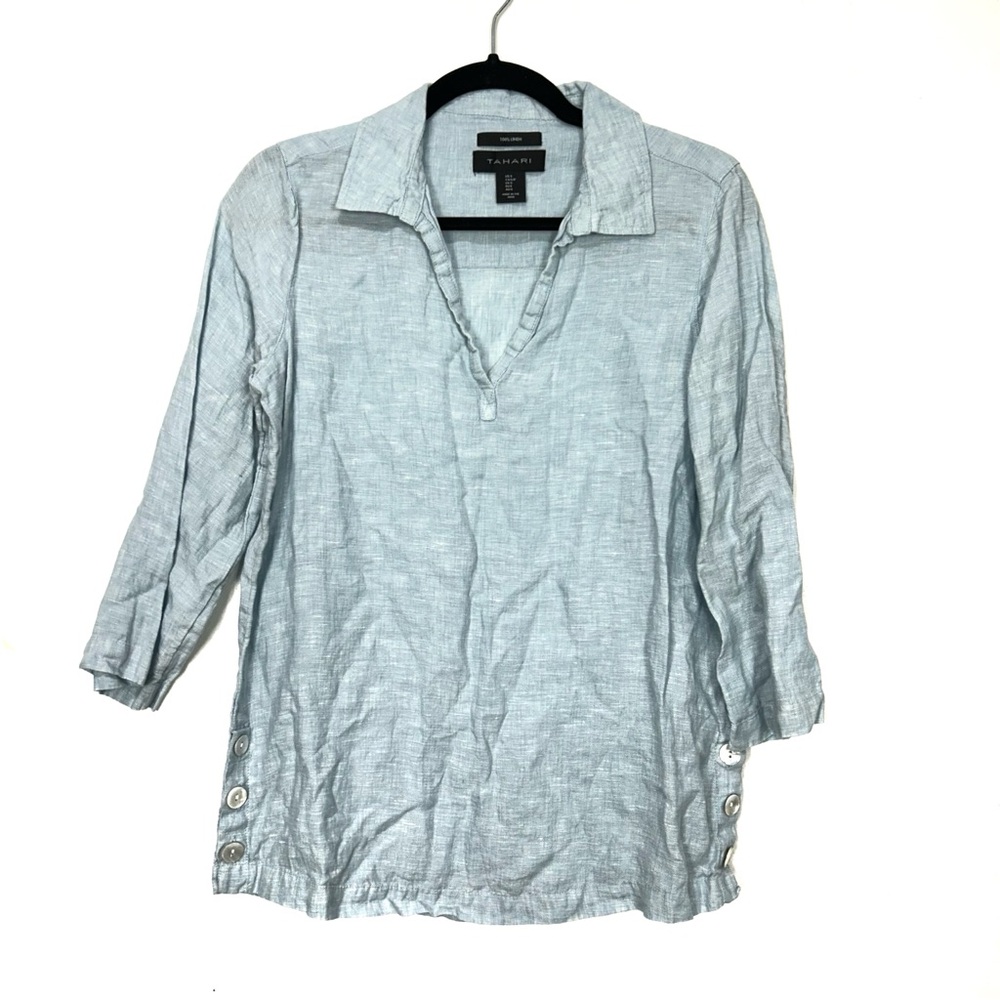 TAHARI 100% linen blue blouse U21